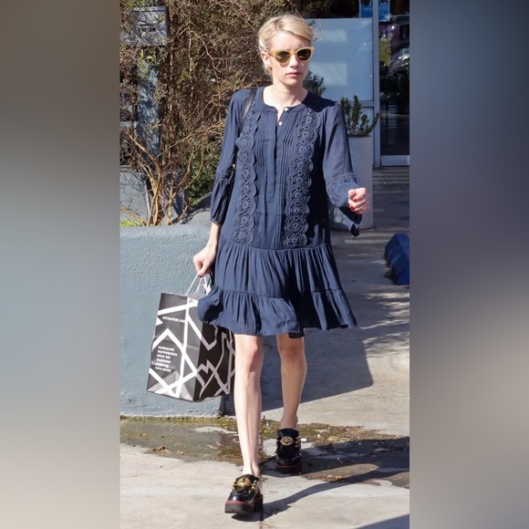 LOFT Navy Blue Embroidered Drop-Waist Dress – Size 12 – Dark Boho Beauty - Picture 2 of 14